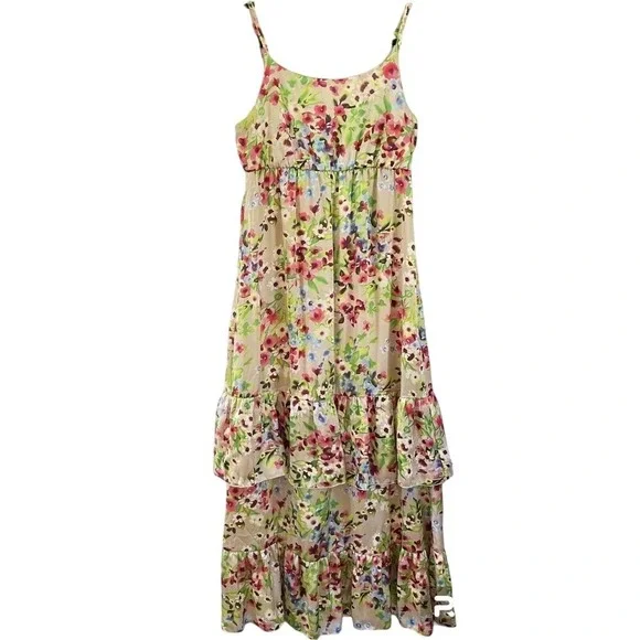 Old Navy Medium Women Floral Print Maxi Dress Sleeveless Tiered Ruffle Hem Beige - Picture 1 of 9